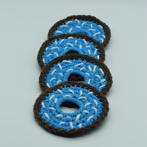 Hand Crafted Crochet Blue Frosted Doughnut Coasters Set of four - Picture 3 of 6